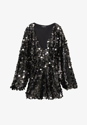 Črn top s sequini in globokim V-izrezom, dolgimi rokavi in ohlapnim krojem. Tkanina je prekrita s sijočimi krožnimi sequini po celotni površini.