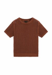 Maglione corto a maniche corte in cotone marrone, con una trama a rete aperta e sciolta, e un colletto rotondo. Orlo e polsini a coste.