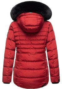 Rote Daunenjacke mit einer schwarzen Kunstfellkapuze, gestepptem Design, elastischen Bündchen und einem kleinen Logodetail auf der Rückseite.