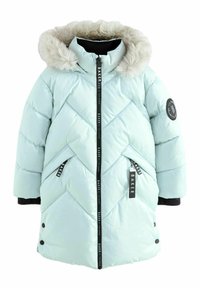 Giacca leggera blu chiaro imbottita con cappuccio in pelliccia sintetica, design a rombi, chiusura con zip e dettagli neri. Presenta il marchio "BAKER" sulle etichette.