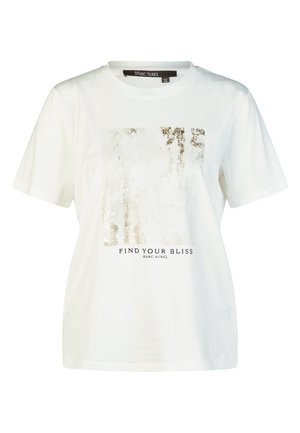 White short-sleeve T-shirt with metallic silver abstract design and text "FIND YOUR BLISS MARC AUREL" on front.
