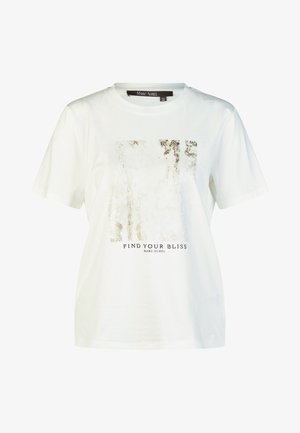 White short-sleeve T-shirt with metallic silver abstract design and text "FIND YOUR BLISS MARC AUREL" on front.