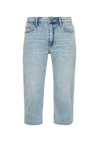 Jasnoniebieskie dżinsowe szorty o prostym kroju, standardowy pięciokieszeniowy design i kontrastowe przeszycia. Posiadają zapięcie na guzik w talii.