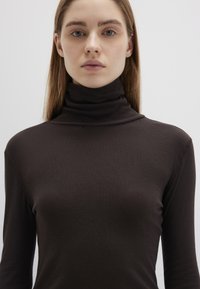 Dark brown long-sleeve turtleneck top made of a smooth, stretchy fabric. Features a fitted design with a high neck and minimal stitching.
