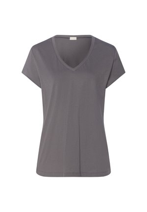 Graues Damen-T-Shirt mit V-Ausschnitt und kurzen Ärmeln, geradem Saum, dargestellt vor einem schlichten weißen Hintergrund.