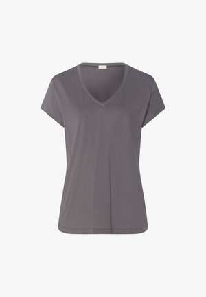 Grå kortærmet V-hals T-shirt til kvinder med lige kant, vist på en ensfarvet hvid baggrund.