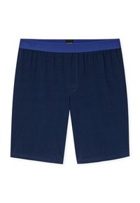 Granatowe bokserki męskie z szerokim niebieskim elastycznym pasem i subtelnym wytłoczeniem nazwy marki z przodu.