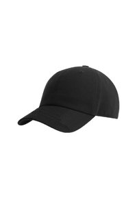 Black baseball cap made of cotton twill with a curved visor, featuring six panels and ventilation eyelets for breathability.
