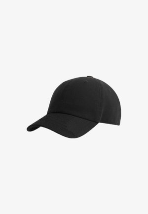 Black baseball cap made of cotton twill with a curved visor, featuring six panels and ventilation eyelets for breathability.