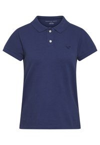 Námořnicky modrá polo košile, krátké rukávy, směs bavlny, tříknoflíková léga, vyšívané logo na levé hrudi, rovný pletený límec.
