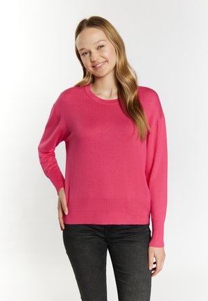 Różowy sweter z długimi rękawami, okrągłym dekoltem i ściągaczem na dole. Wykonany z miękkiego materiału, charakteryzującego się gładką fakturą i dopasowanym krojem.