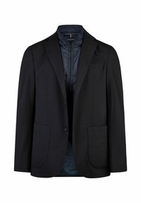 Zwarte op maat gemaakte blazer met twee grote voorkeurszakken, één borstzak en een met rits afgesloten binnenvoering in marineblauw. Getextureerde stof met een subtiel patroon.