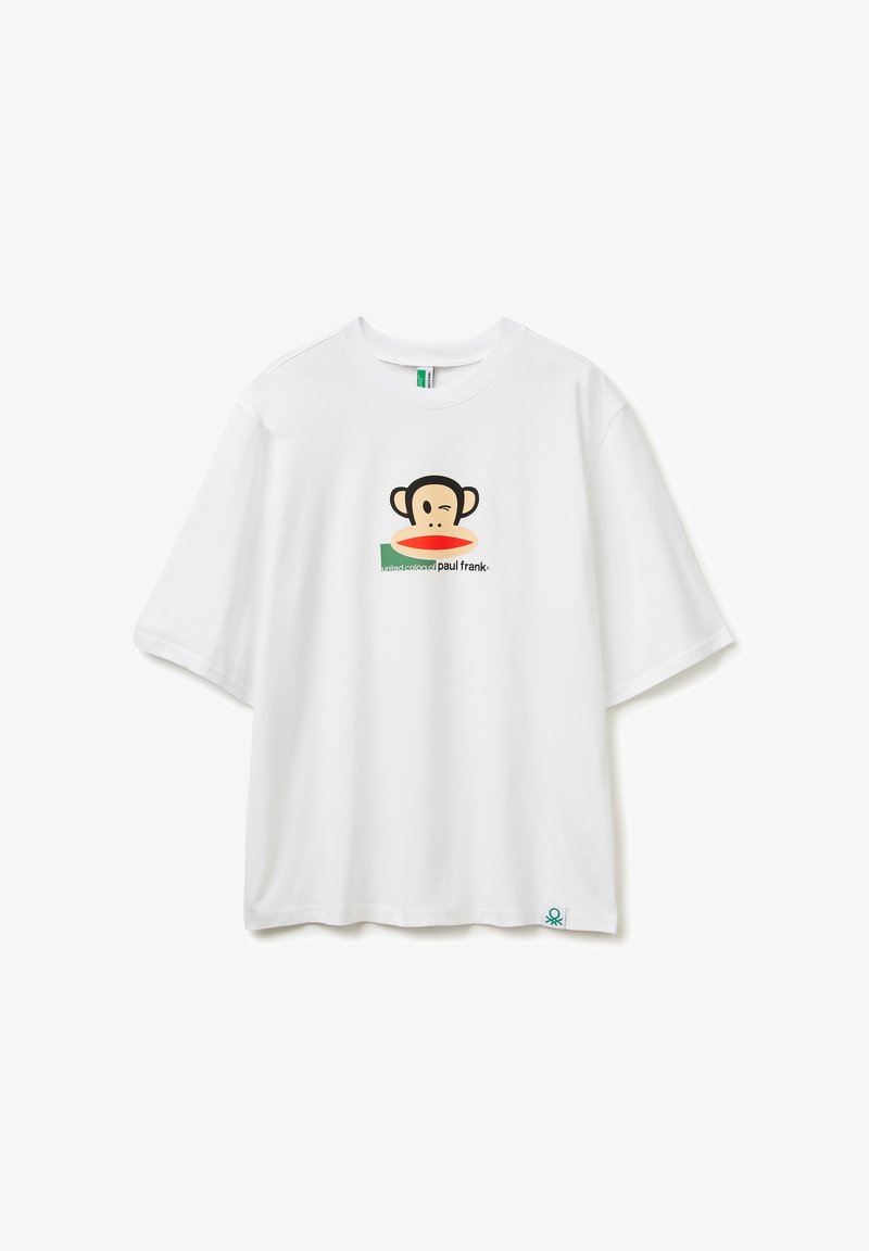 Wit T-shirt met korte mouwen met een knipogende cartoonapenkop en de tekst "paul frank" gedrukt onder de afbeelding midden op de voorkant.