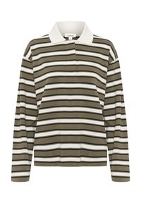 Striped long-sleeve polo shirt in olive green and cream, featuring a white collar and a buttoned neck opening. Soft, textured fabric.