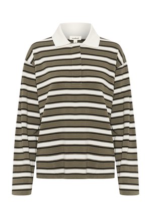 Dryžuotas ilgomis rankovėmis polo marškinėliai alyvos žalios ir kremų spalvų, su balta apykakle ir sagstomu kaklo atidarymu. Švelni, tekstūruota medžiaga.