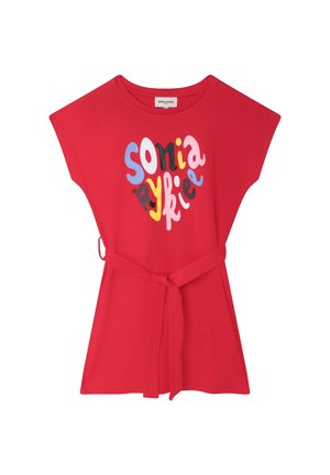 Rotes Kurzarmtop mit gebundener Taille, mit einem grafischen Aufdruck des Namens "Sonia Rykiel" in mehrfarbigem Text auf der Vorderseite.