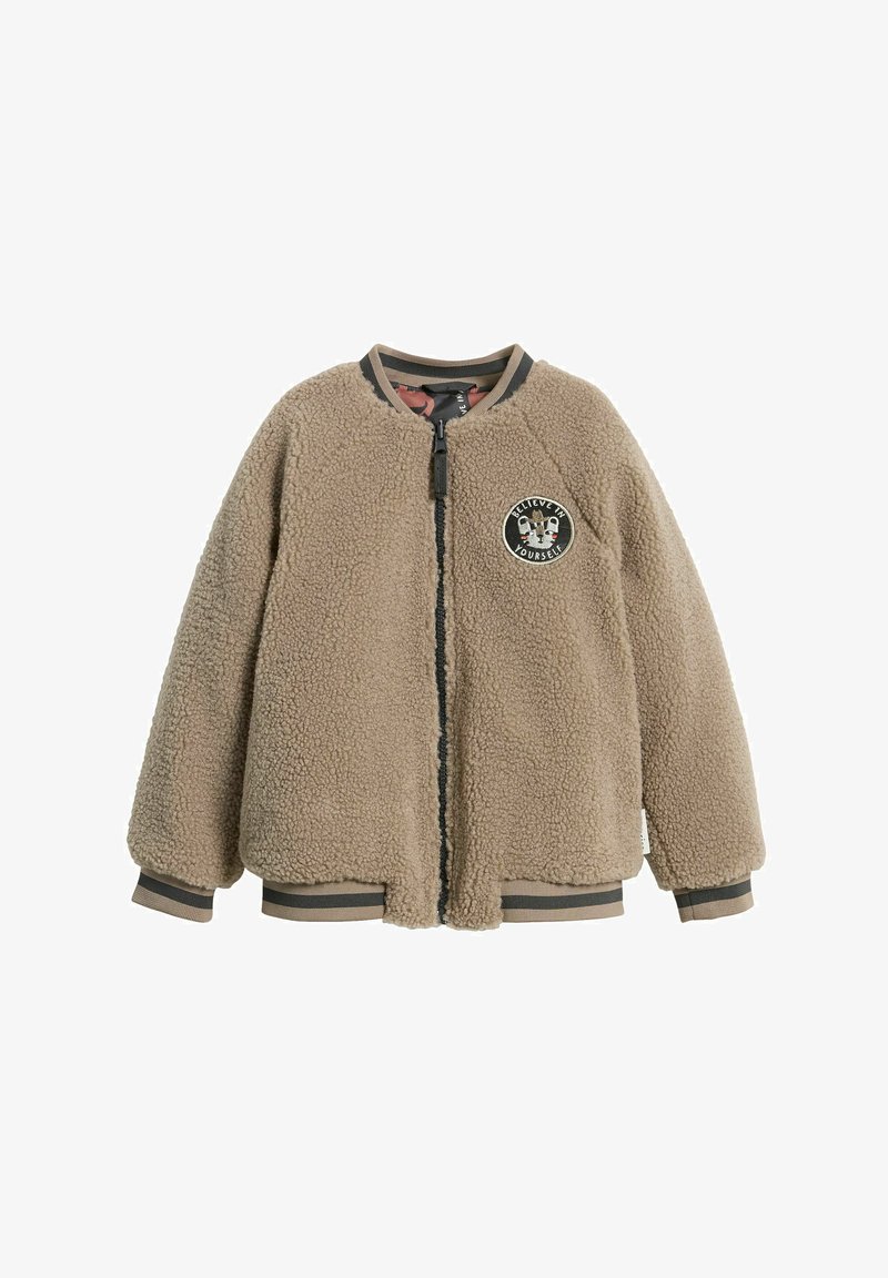 Beige Fleece-Jacke mit rundem Patch mit der Aufschrift "Glaube an dich selbst", mit Reißverschluss und gestreiften Rippenbündchen und Saum. Weicher, strukturierter Stoff.