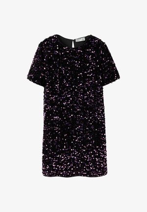 Crna haljina prekrivena ljubičastim šljokicama, kratki rukavi, okrugli izrez i detalj s prorezom na leđima. Teksturirana površina s sjajnim završetkom.