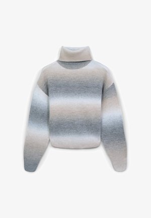 Hellgrauer Rollkragenpullover mit einem Farbverlaufsmuster, das von Beige nach Grau übergeht, aus weichem, strukturiertem Strick und mit gesenkten Schultern.