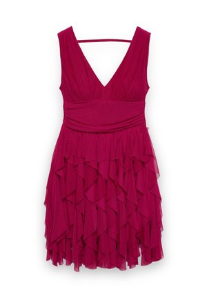 Fuksjowa sukienka z głębokim dekoltem w kształcie litery V, marszczonym gorsetem i warstwowymi falbanami, wykonana z lekkiego materiału o gładkiej fakturze.