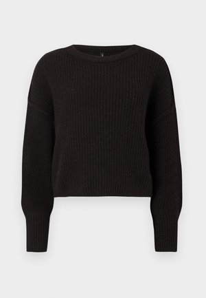 Svart strikkegenser med ribbestruktur, båthals og lange ermer. Kort design med tettsittende mansjetter.