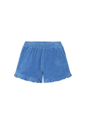 Shorts en éponge bleu avec taille élastique, poches latérales et ourlets à volants.