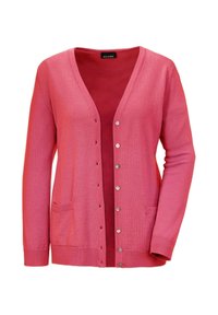 Rosa Strickjacke aus weichem Strickmaterial, mit einem V-Ausschnitt, Frontknöpfen, zwei Taschen sowie gerippten Bündchen und Saum.
