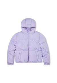 Giacca imbottita viola con cappuccio, dotata di chiusura frontale con zip e due tasche laterali. Tessuto liscio e leggero con un motivo a trapuntatura.