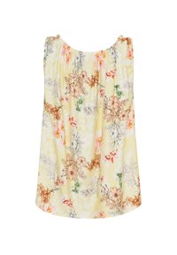 Blomstret tanktop i blødt gul stof, med pastelfarvede pink, orange og grønne blomster med konturdetaljer og samlet elastik i halsudskæringen.