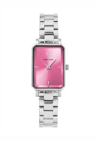 Sidabrinis nerūdijančio plieno laikrodis su kvadratiniais, rožinės metalinės spalvos ciferblatais. Jame yra minimalistiniai valandų žymekliai ir stilingas, poliruotas apyrankės dirželis.