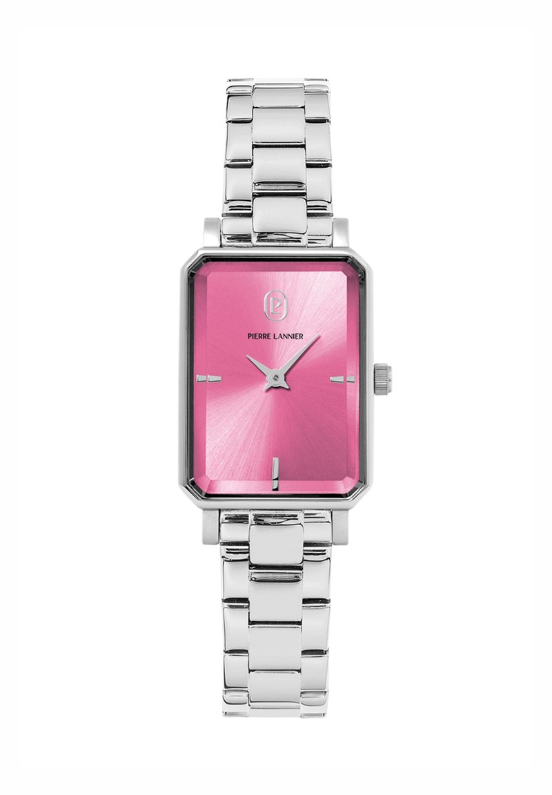 Sidabrinis nerūdijančio plieno laikrodis su kvadratiniais, rožinės metalinės spalvos ciferblatais. Jame yra minimalistiniai valandų žymekliai ir stilingas, poliruotas apyrankės dirželis.
