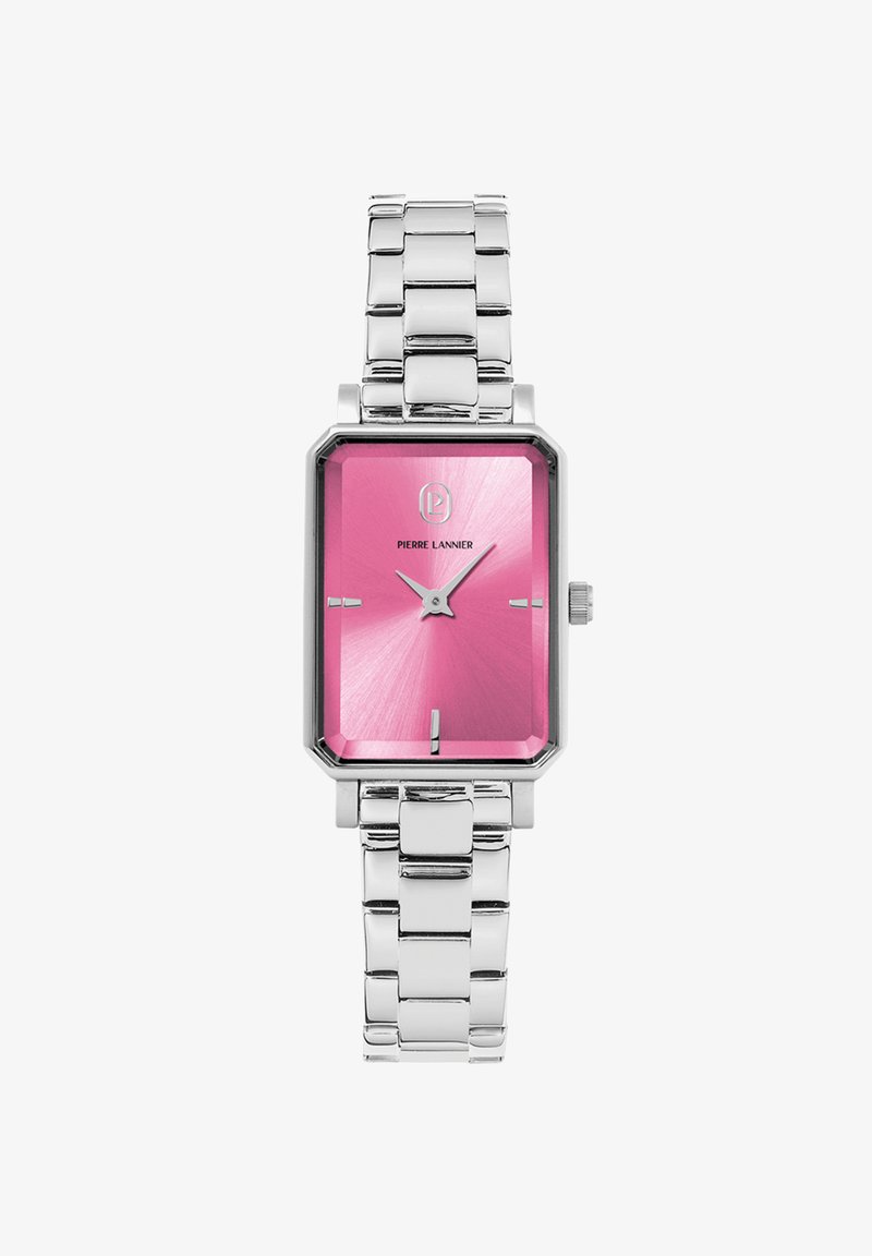 Sidabrinis nerūdijančio plieno laikrodis su kvadratiniais, rožinės metalinės spalvos ciferblatais. Jame yra minimalistiniai valandų žymekliai ir stilingas, poliruotas apyrankės dirželis.
