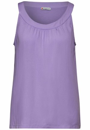 Lawendowy top bez rękawów z okrągłym dekoltem i subtelnym marszczeniem z przodu. Wykonany z gładkiego materiału o luźnym kroju.