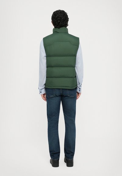 Hombre con chaleco acolchado de color verde oscuro, camisa a rayas azules, jeans azules y zapatos negros, de pie con la espalda hacia la cámara contra un fondo liso.