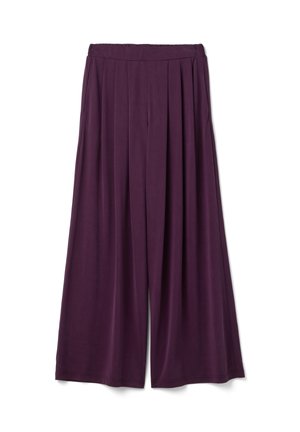 Pantalones de pierna ancha en color púrpura oscuro con pliegues en la cintura y una cinturilla elástica lisa, mostrados sobre un fondo blanco.