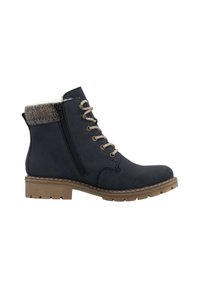 Bottines bleu marine foncé avec un col en tricot texturé, un devant à lacets, une fermeture éclair sur le côté et une semelle en caoutchouc durable de couleur beige.