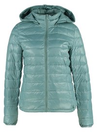 Ljusgrön vadderad pufferjacka med huva, hel dragkedja fram och långa ärmar.
