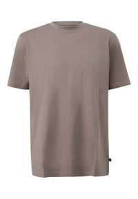 Taupe Kurzarm T-Shirt mit Rundhalsausschnitt und kleinem gelben Text auf der linken Brust, der lautet: "SEHE ICH SO AUS, ALS OB ES MIR WICHTIG WÄRE? Großer Fuchs."