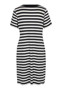Short-sleeved dress with a round neck, featuring alternating black and white horizontal stripes, made of soft, lightweight fabric.