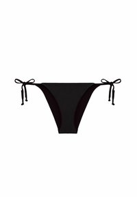 Black bikini bottom with tie-side closures, featuring a classic shape and smooth texture, designed for a minimal aesthetic.