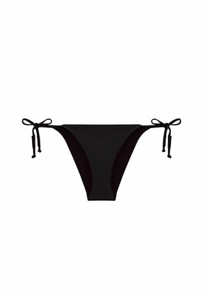 Black bikini bottom with tie-side closures, featuring a classic shape and smooth texture, designed for a minimal aesthetic.