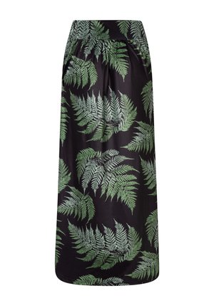 Zwarte midi-rok met hoge tailleband en groen varenbladpatroon in verschillende tinten verspreid over de stof.