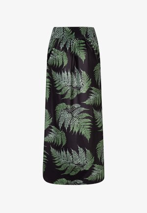 Falda midi negra con cintura alta y patrón de hojas de helecho verdes en diferentes tonos distribuidos por toda la tela.
