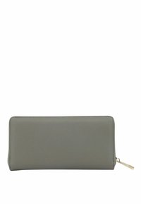 Portafoglio in pelle grigia con una superficie liscia, forma rettangolare e chiusura con zip dorata. Design minimalista senza pattern o hardware visibili.