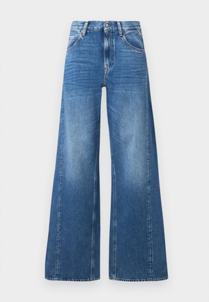 Lange blauwe spijkerbroeken met hoge taille, voorzien van voorzakken en een vervaagde look, gemaakt van katoen met een gladde textuur.