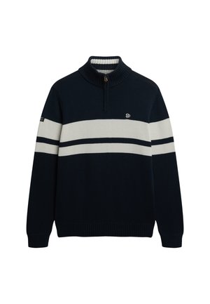 Marineblå strikketrøje med lynlås krave, der har to hvide vandrette striber og et logo på brystet. Struktureret stof, afslappet pasform.