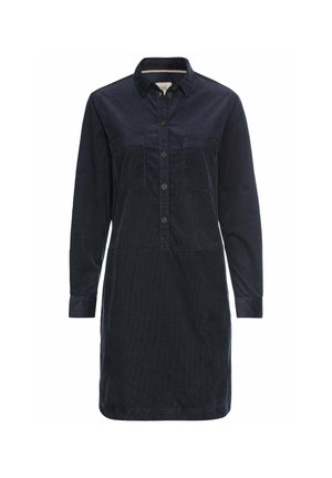 Dunkelblaues Cordhemdkleid, Kragen mit geknöpfter Blende, zwei Brusttaschen, lange Ärmel mit geknöpften Manschetten, strukturierter Stoff.