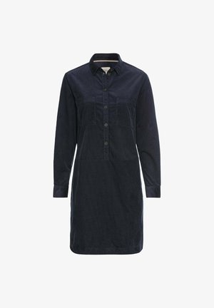 Marineblå kordfløjl skjortekjole, krave med knaplukning, to brystlommer, lange ærmer med knapmanchetter, struktureret stof.