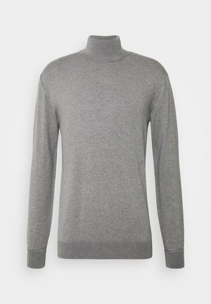 Pull à col roulé gris clair à manches longues avec col, poignets et ourlet côtelés, présenté sur un fond blanc uni.