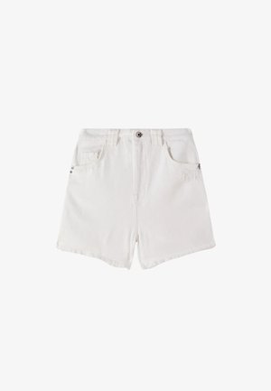 Shorts in denim bianco con vita alta, cinque tasche, orlo sfrangiato e chiusura con bottone argento frontale. Tessuto liscio.